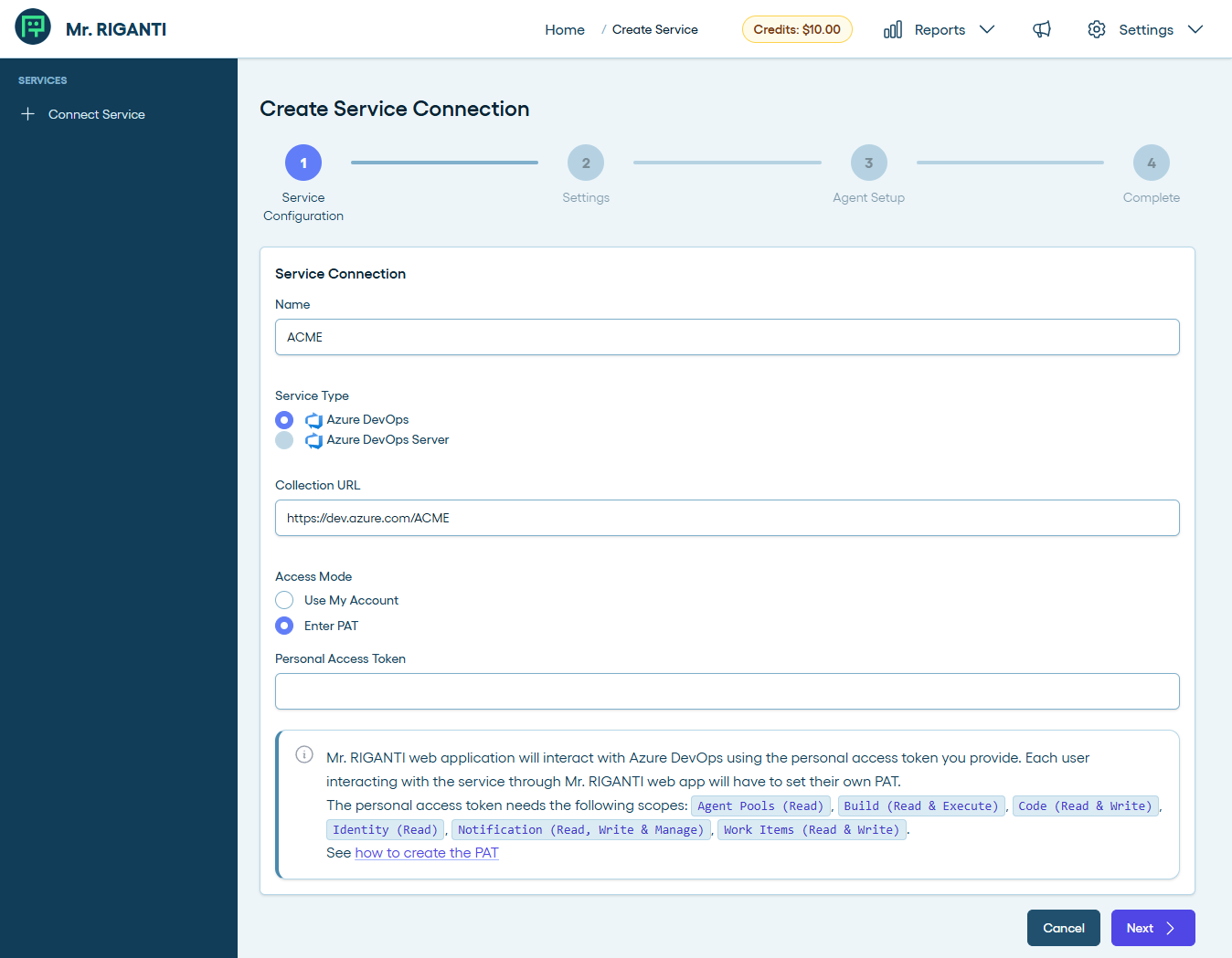 Entering Azure DevOps instance name and URL