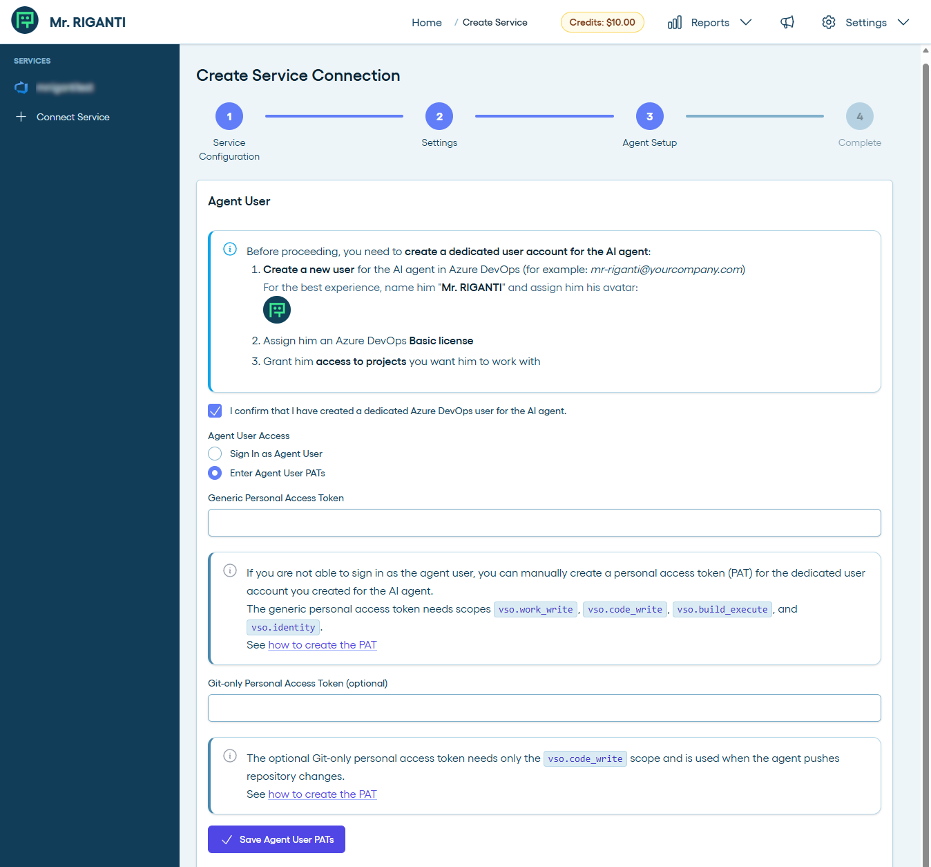 Paste the PAT to the Personal Access Token field
