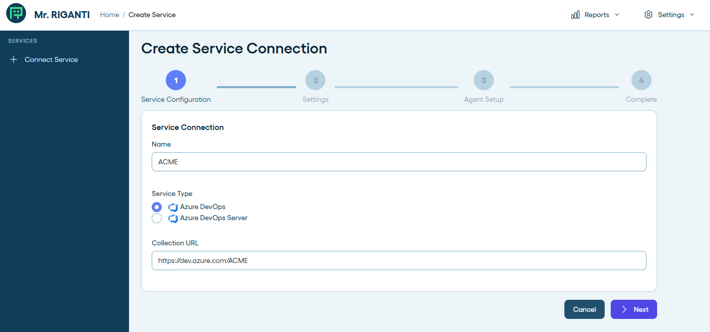 Entering Azure DevOps instance name and URL