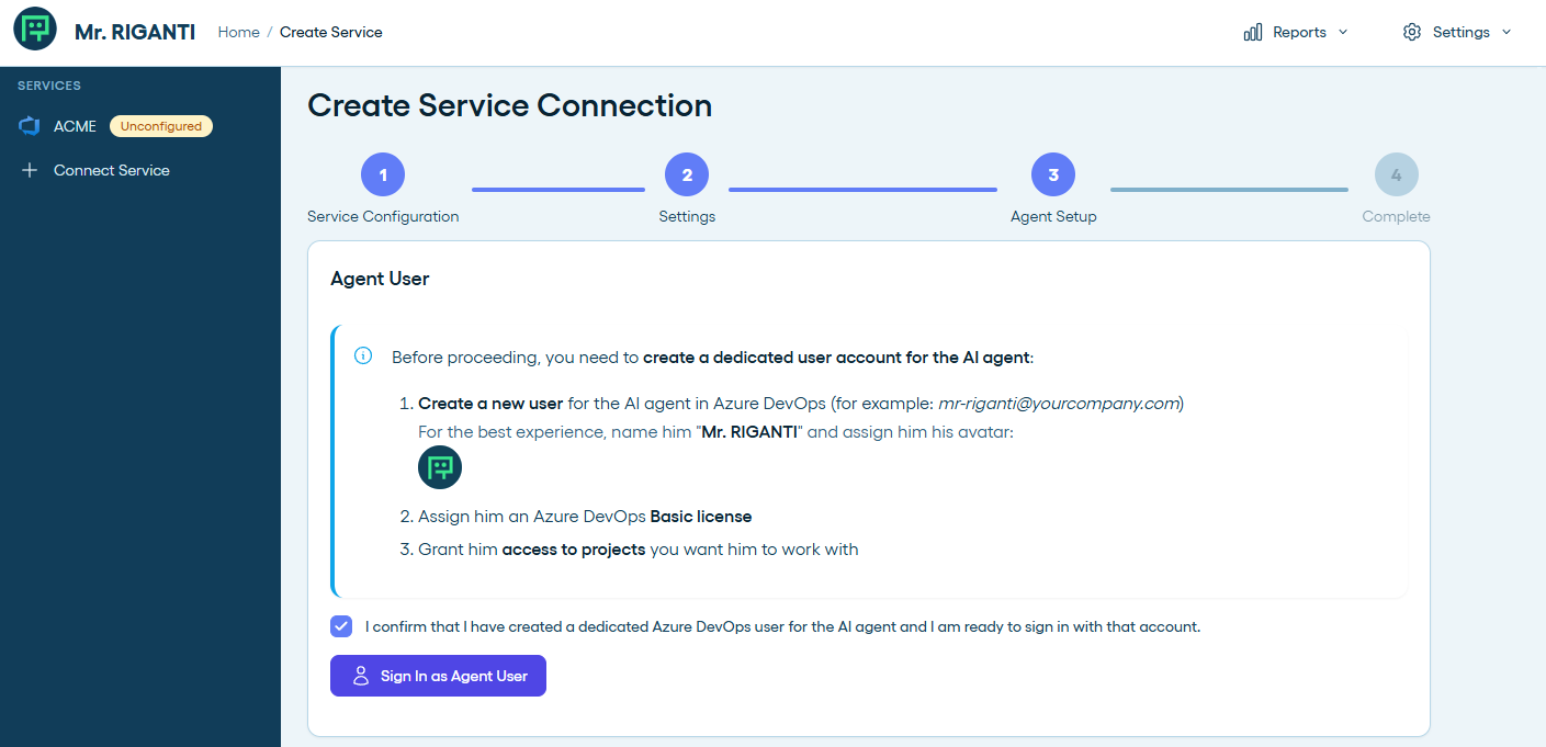 Prepare to sign in as the agent user