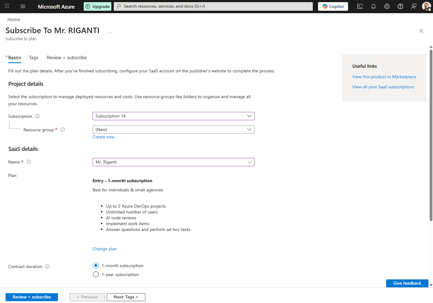Configuring the subscription on Azure Portal