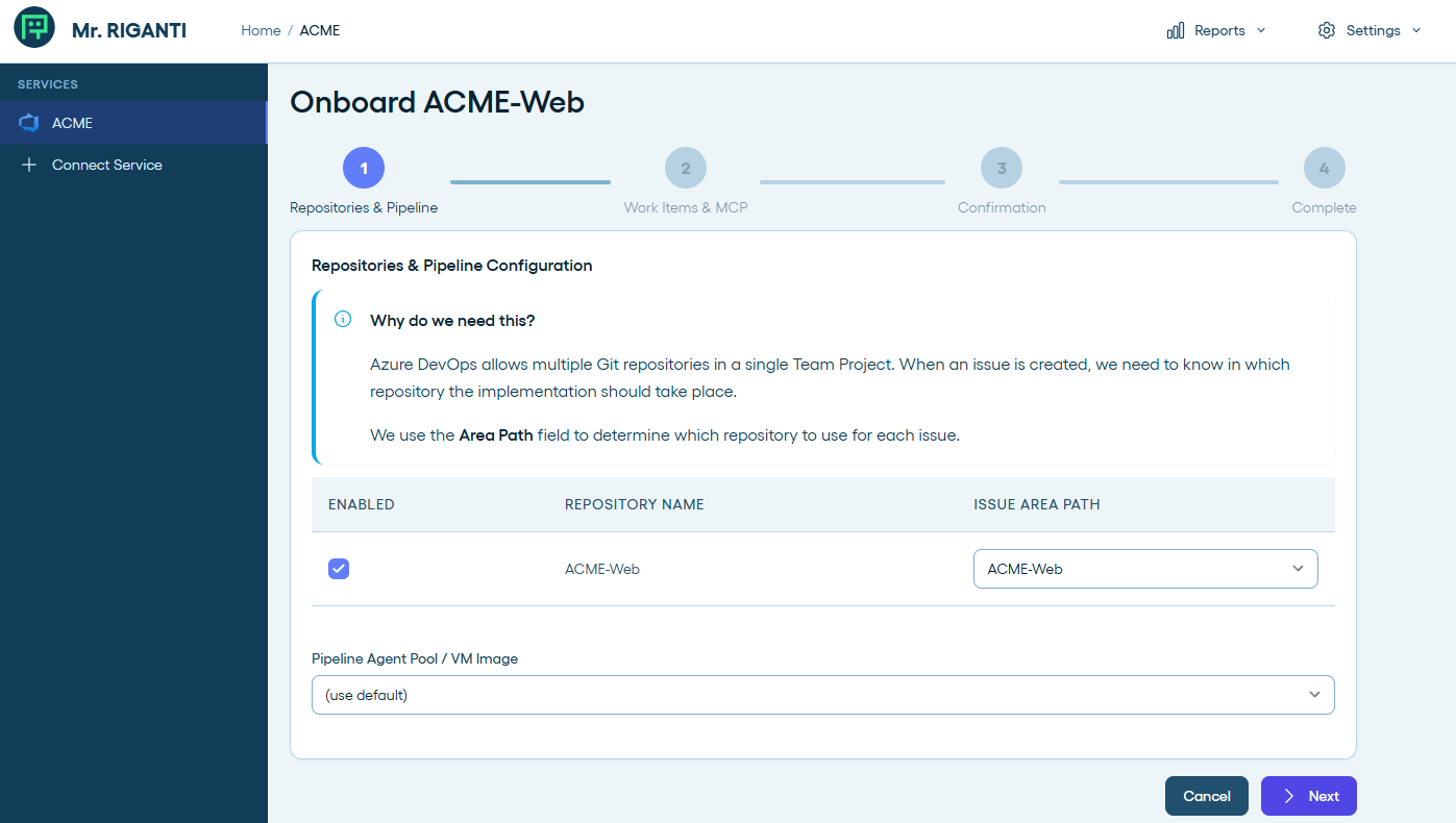 Selecting Git repositories and mapping work item areas