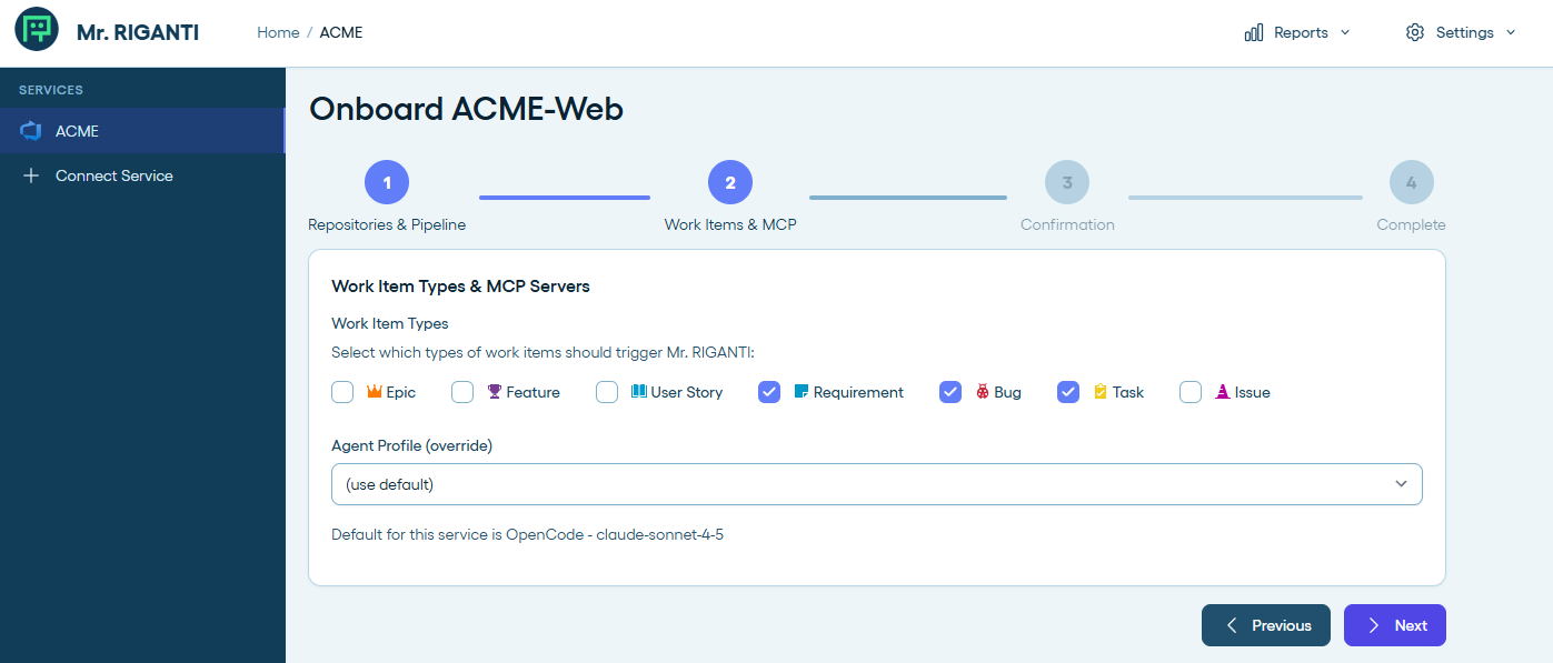 Selecting work items types and coding agent profile