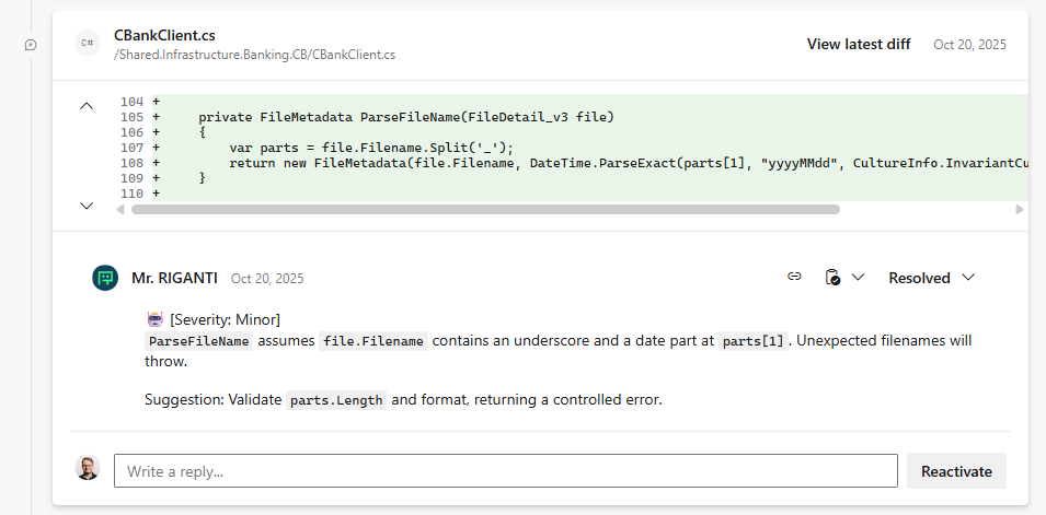 Mr. RIGANTI's code review comments