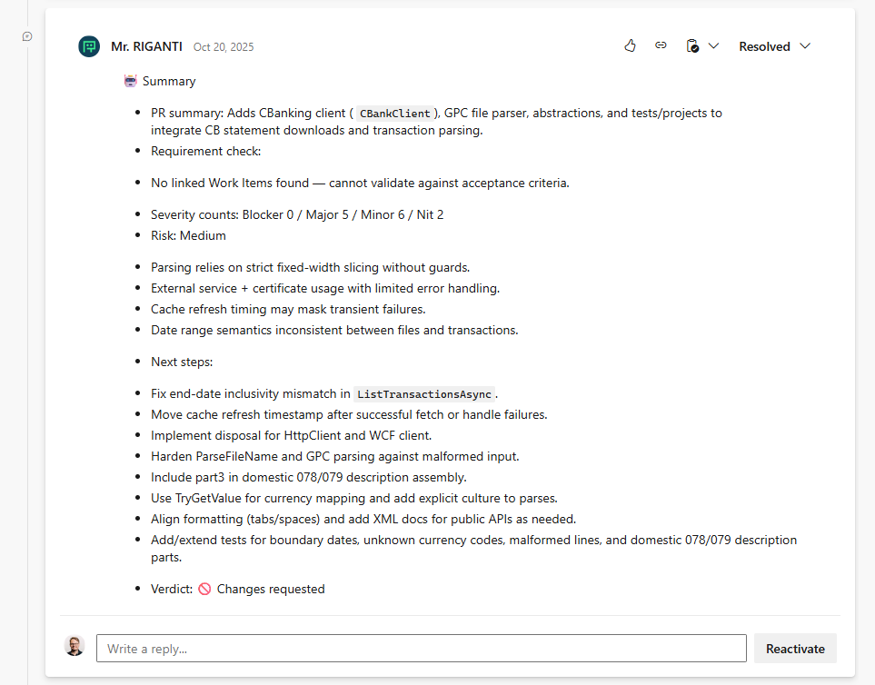 Mr. RIGANTI's final code review comment
